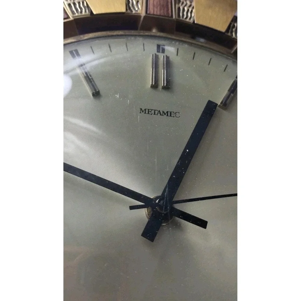 Vtg Metamec Mid-Century Modern Sunburst Wall Clock Brass Color Faux Wood England